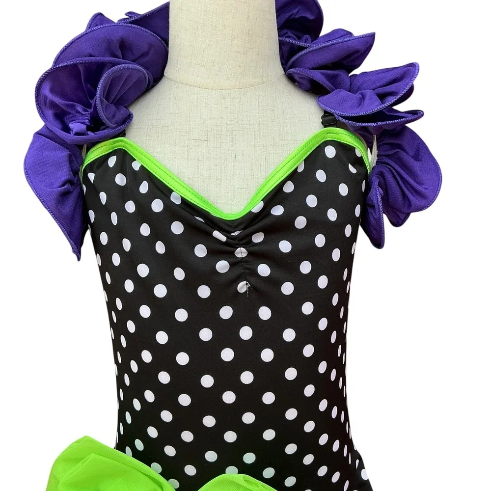 Weissman Dance Leotard Kids SA Black White Polka Dot Checkered Ruffle Costume